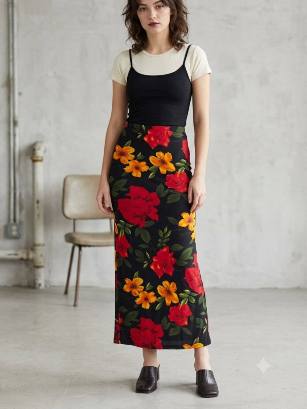 MKM Designs Vintage Women's Size Large Black Vibrant Floral Maxi 90s Y2K Skirt